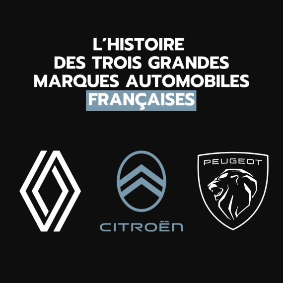 Marques de voitures emblématiques françaises : Peugeot, Renault et Citroën avec leurs modèles récents et historiques.
